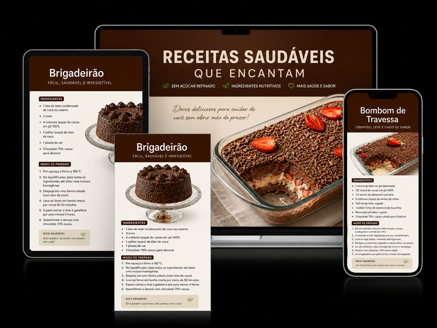 Mockup digital de receitas saudáveis com brigadeirão e bombom de travessa